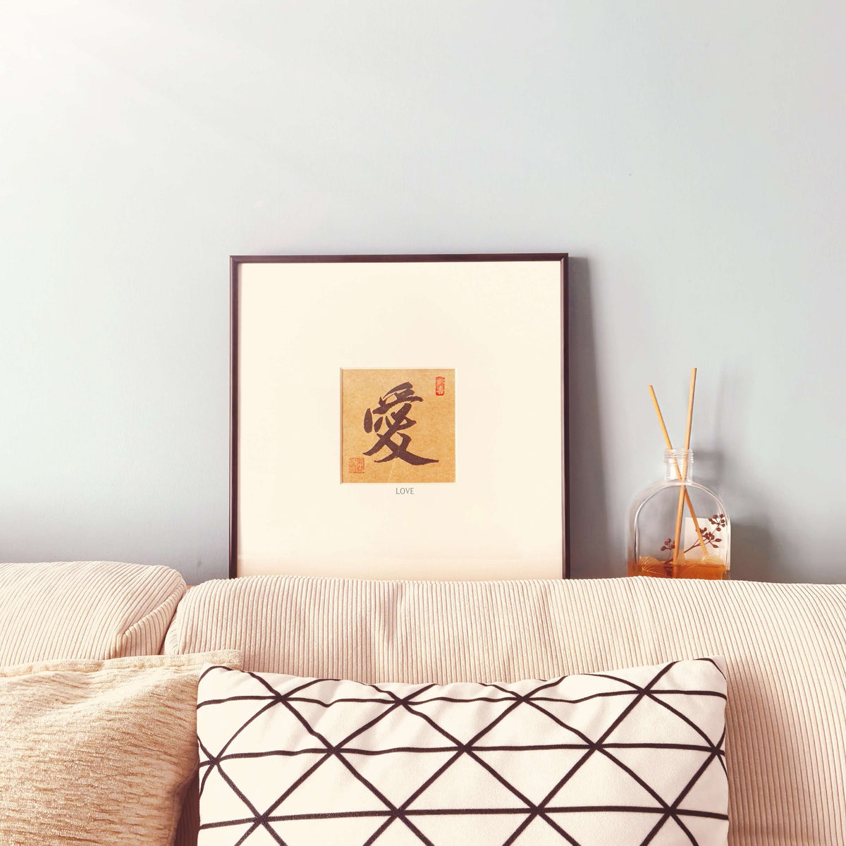 FEIverse 14"x14" Handmade Chinese Calligraphy – One-Character Art, Slim Aluminum Frame, Wall or Table Display (“Love”)