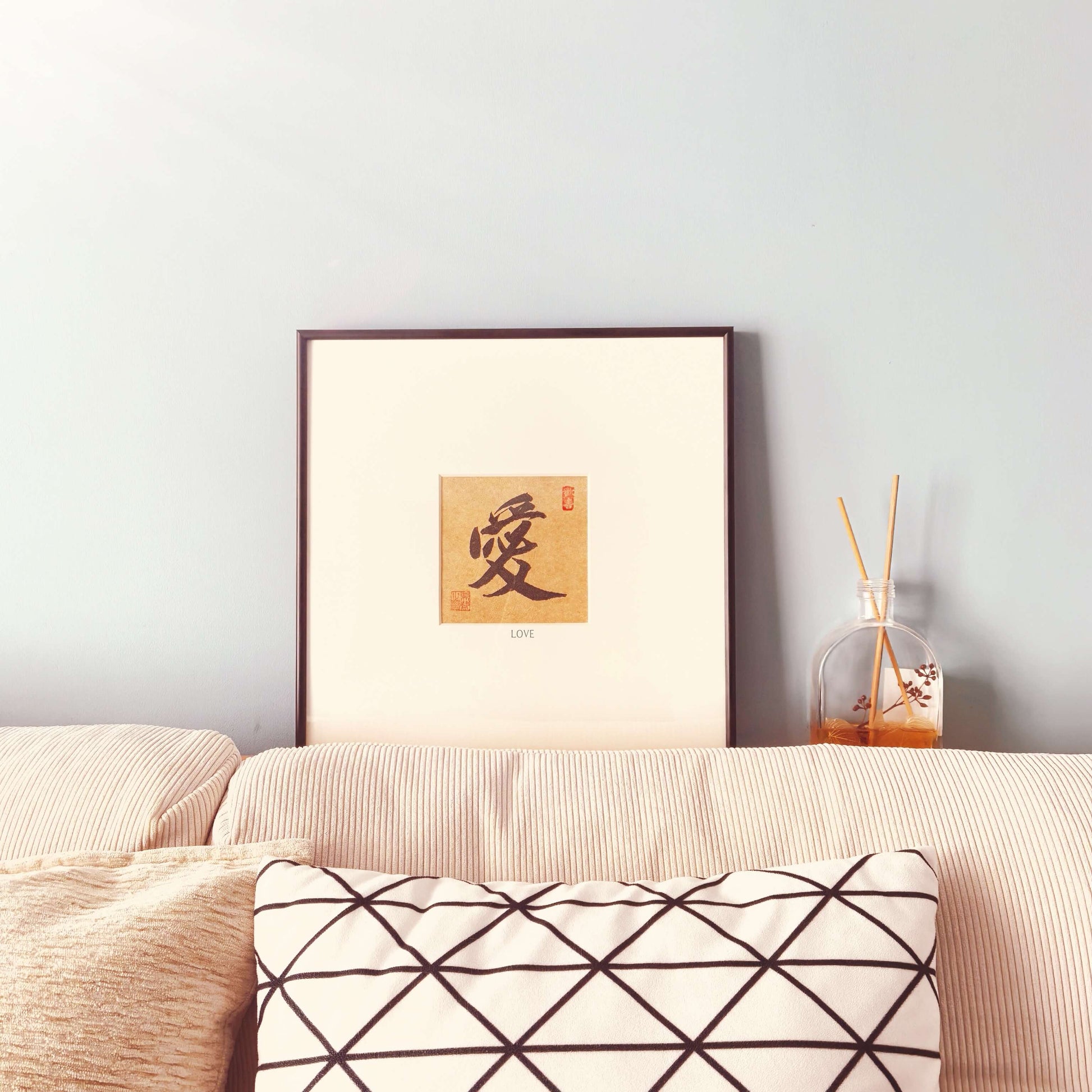 FEIverse 14"x14" Handmade Chinese Calligraphy – One-Character Art, Slim Aluminum Frame, Wall or Table Display (“Love”)