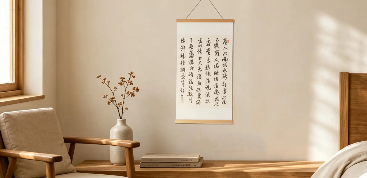 A vertical hanging scroll with black Chinese calligraphy displayed on a warm beige wall in a softly lit bedroom or living space, with a wooden chair, small table, vase with dried stems, books, and part of a bed visible. | FEIverse studio