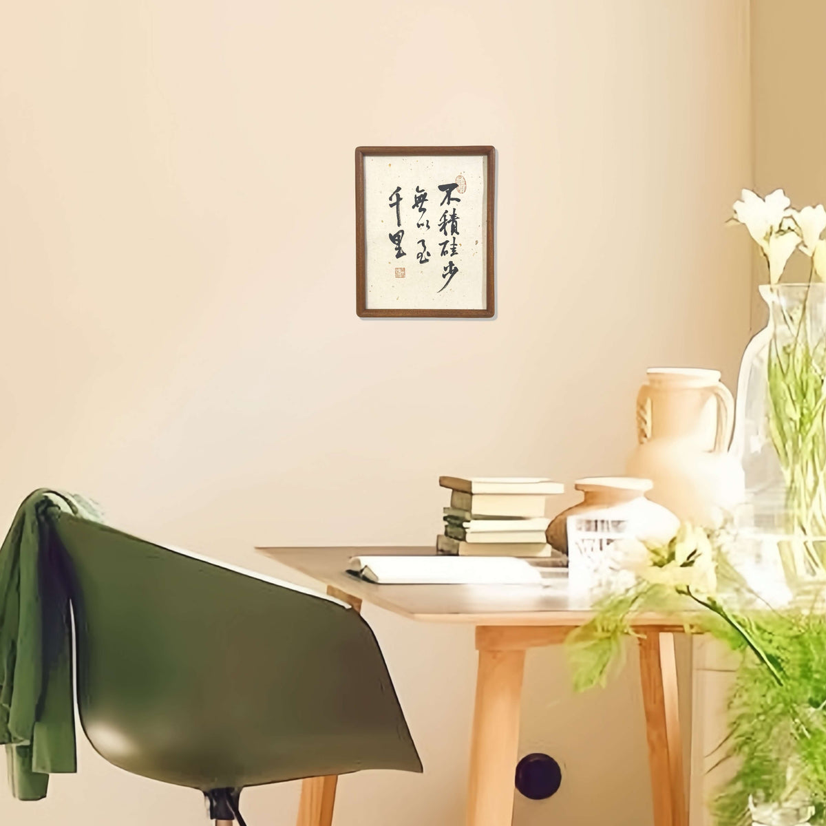 FEIverse Handmade Chinese Calligraphy Art – Solid Wooden Frame, Wall or Table Display (“Great journeys start with small silicon steps.”)