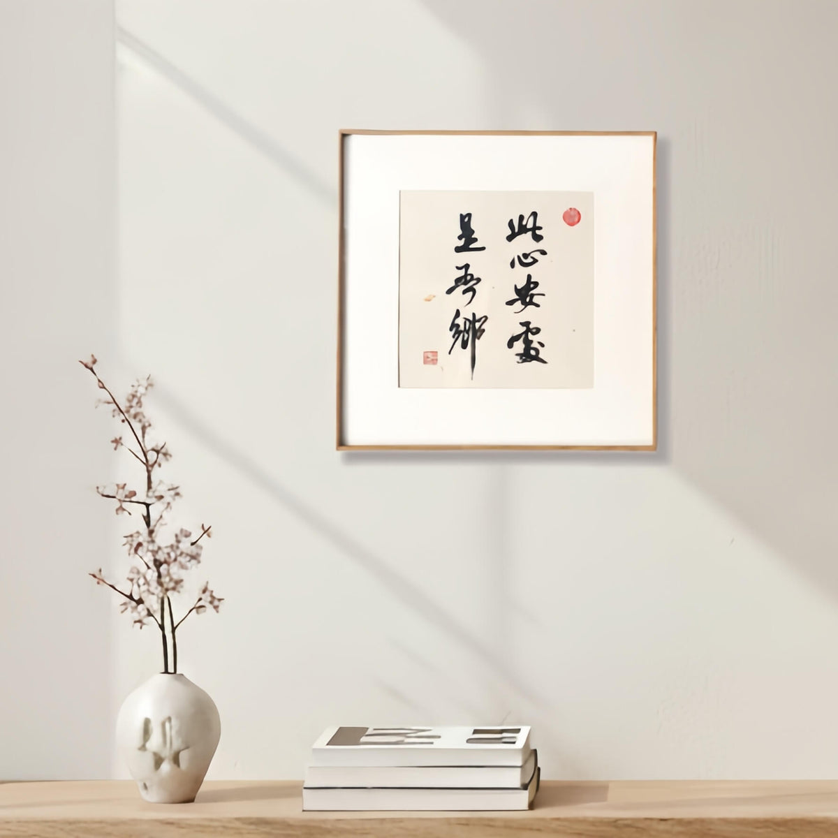 FEIverse 14"x14" Handmade Chinese Calligraphy – Multi-Character Art, Slim Aluminum Frame, Wall or Table Display (“Home Is Where the Heart Rests”)