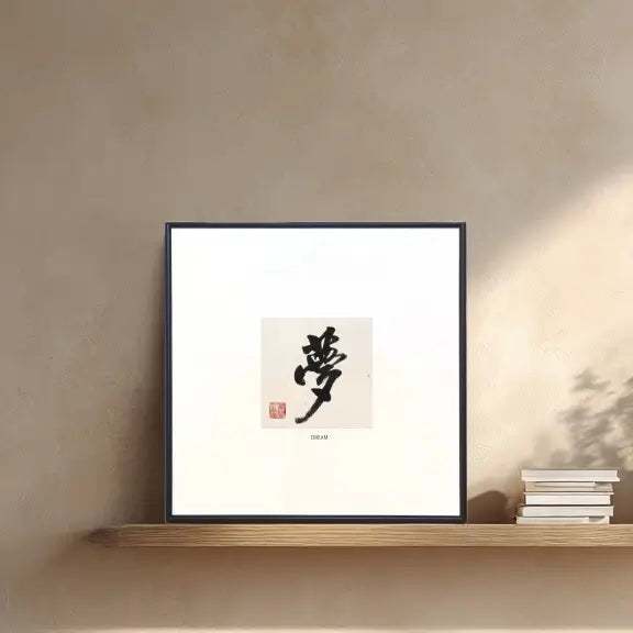 Framed Chinese calligraphy artwork Dream (梦) displayed on a modern minimalist wall