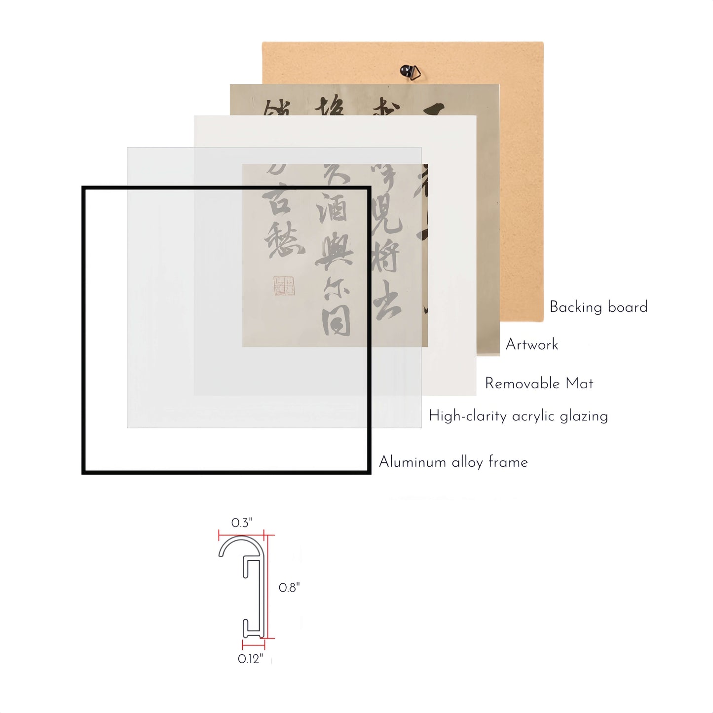 14"x14" Handmade Chinese Calligraphy – Two-Character Art, Slim Aluminum Frame, Wall or Table Display (“Supreme Good”)