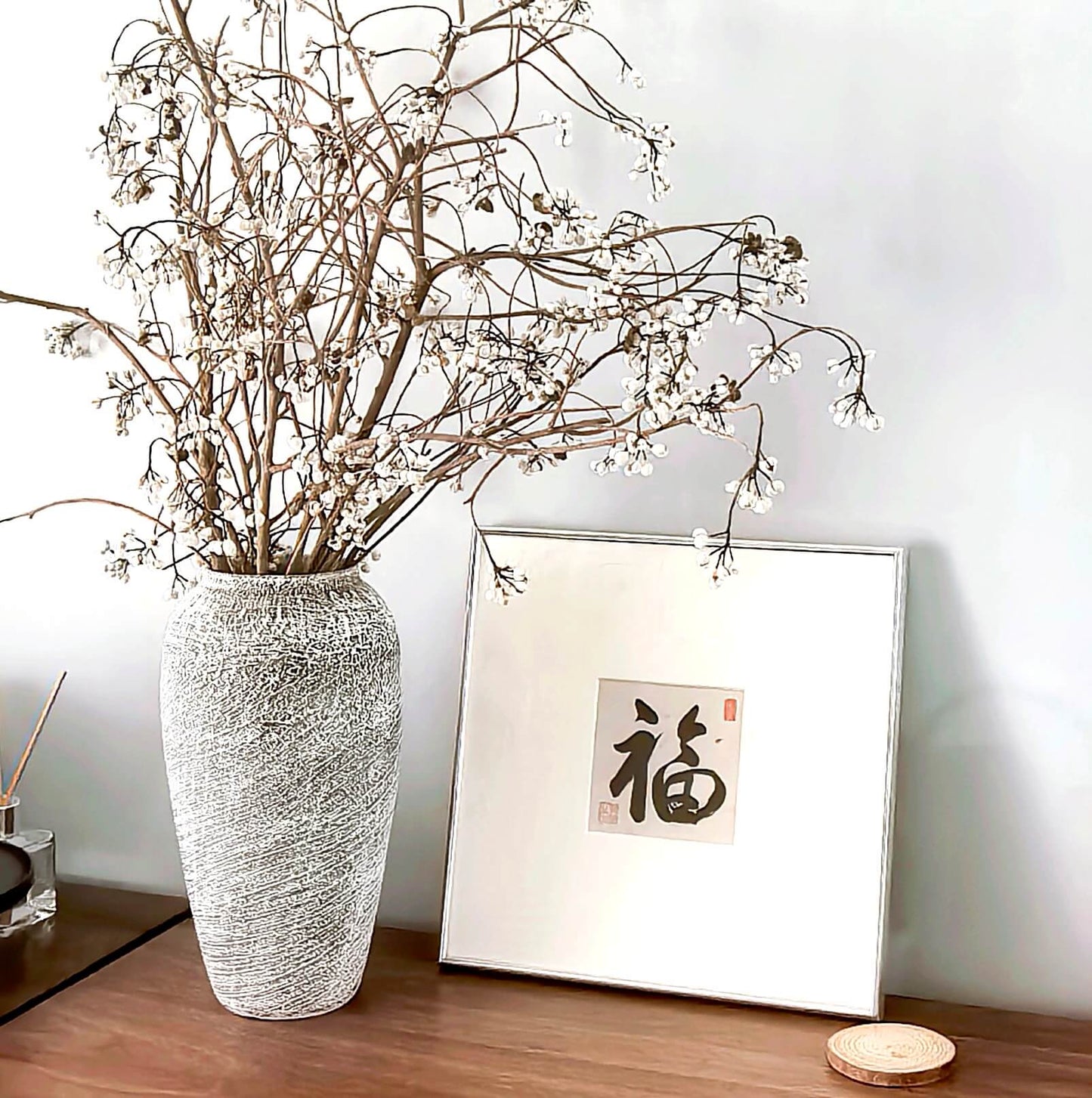 14"x14" Handmade Chinese Calligraphy – One-Character Art, Slim Aluminum Frame, Wall or Table Display (“Good Fortune”)