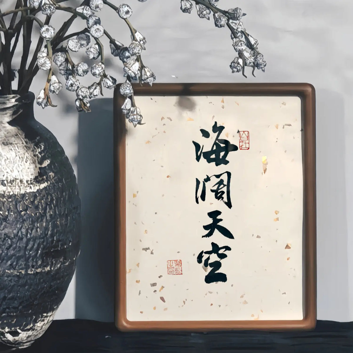 Wooden framed Handmade Chinese calligraphy artwork featuring boundless freedom

