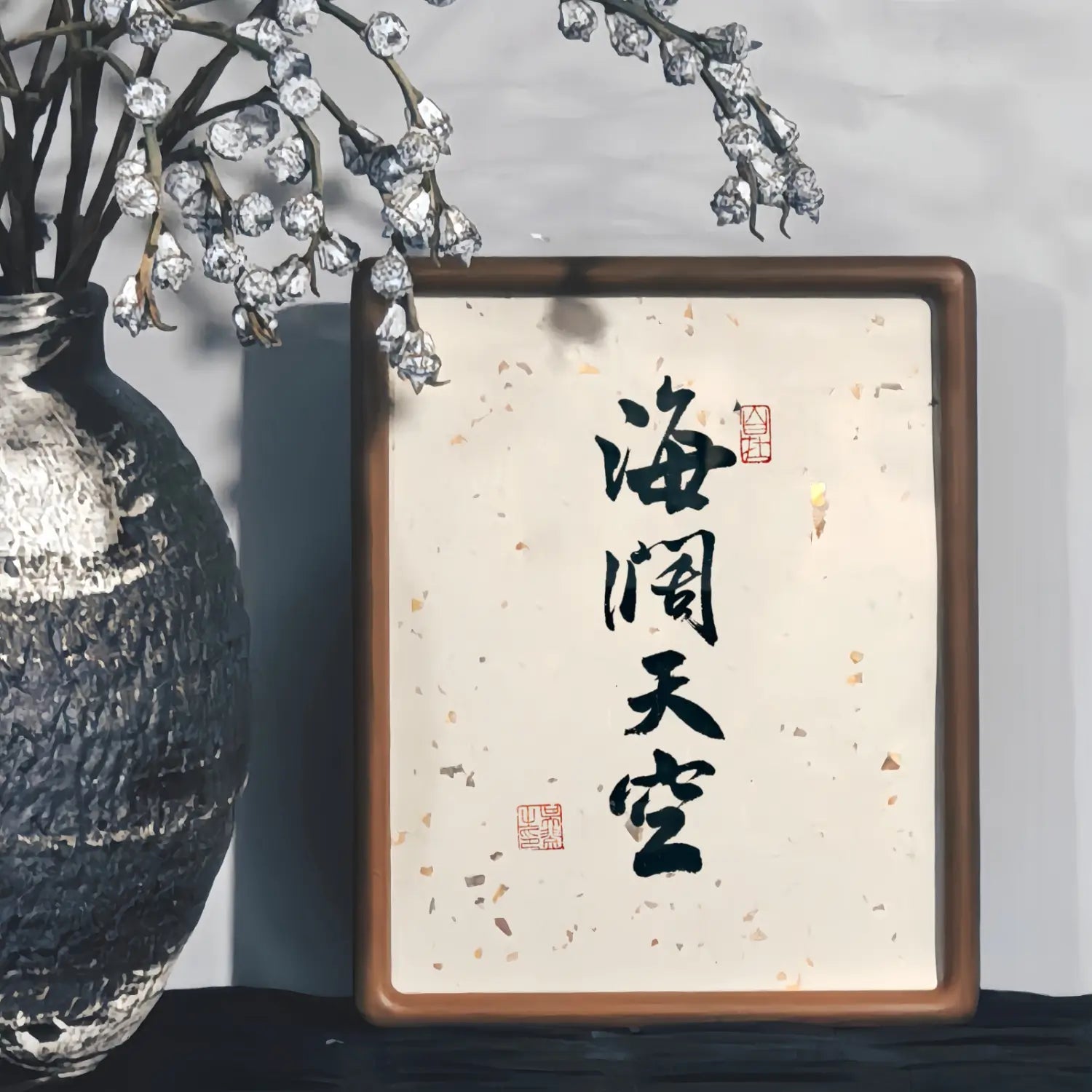 Wooden framed Handmade Chinese calligraphy artwork featuring boundless freedom
