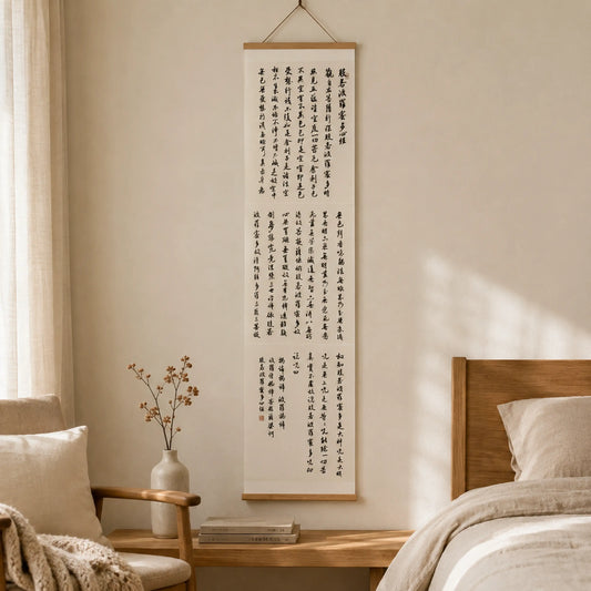 Handwritten Heart Sutra Chinese calligraphy hanging scroll with teak rods, displayed on a minimal white wall.