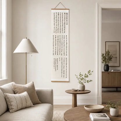 Handwritten Heart Sutra Chinese calligraphy hanging scroll with teak rods, displayed on a minimal white wall.