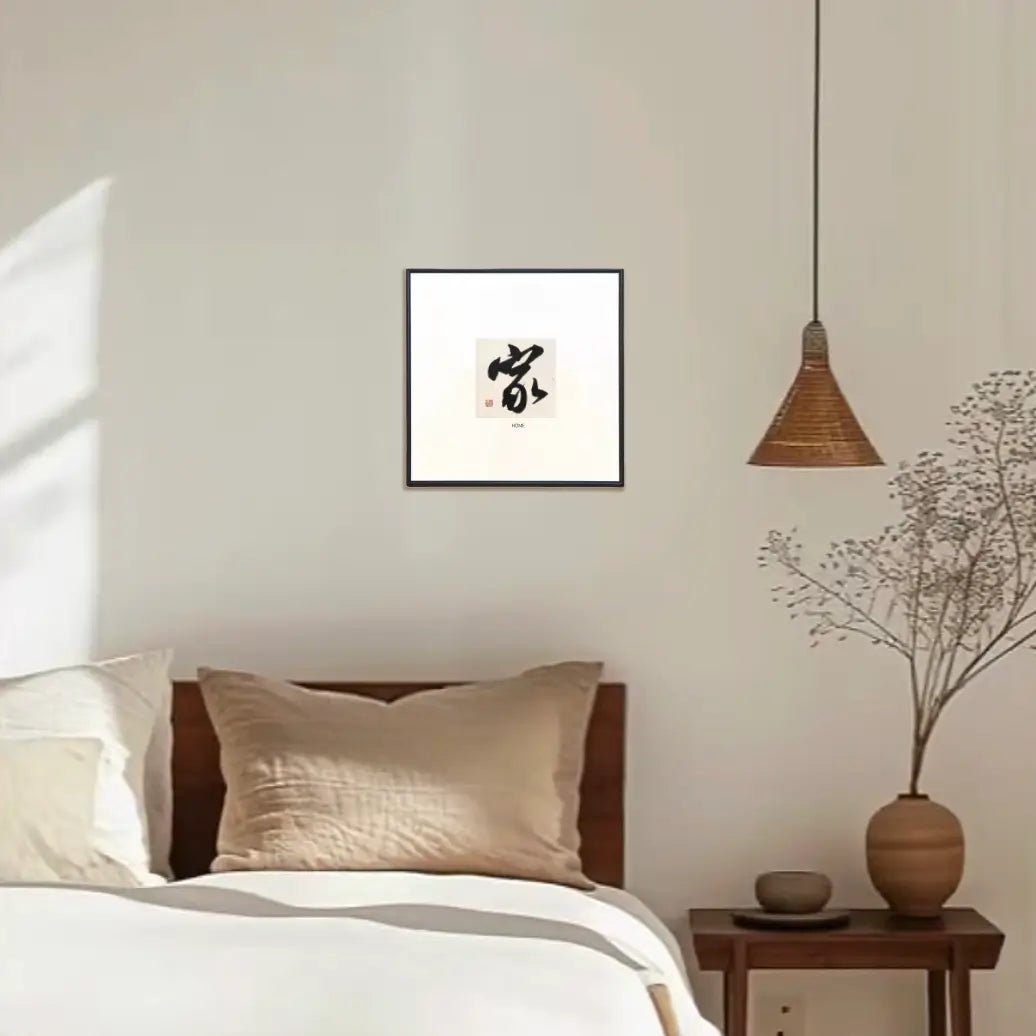Chinese calligraphy wall art featuring the character Home (家), handmade framed artwork symbolizing belonging and family