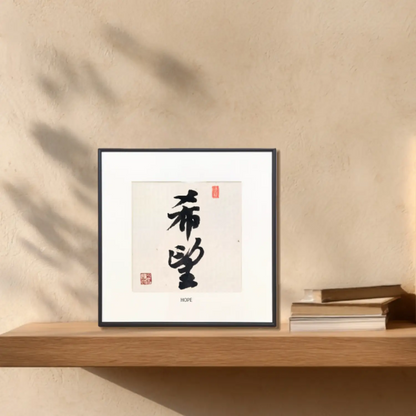 Handwritten Chinese calligraphy artwork featuring “Hope” (Xi Wang), minimalist framed wall art for modern interiors.