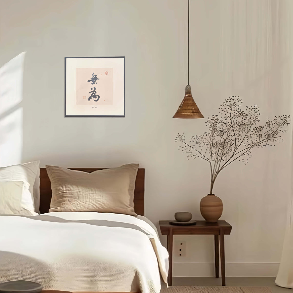 FEIverse 14"x14" Handmade Chinese Calligraphy – Two-Character Art, Slim Aluminum Frame, Wall or Table Display (“Effortless Action”)