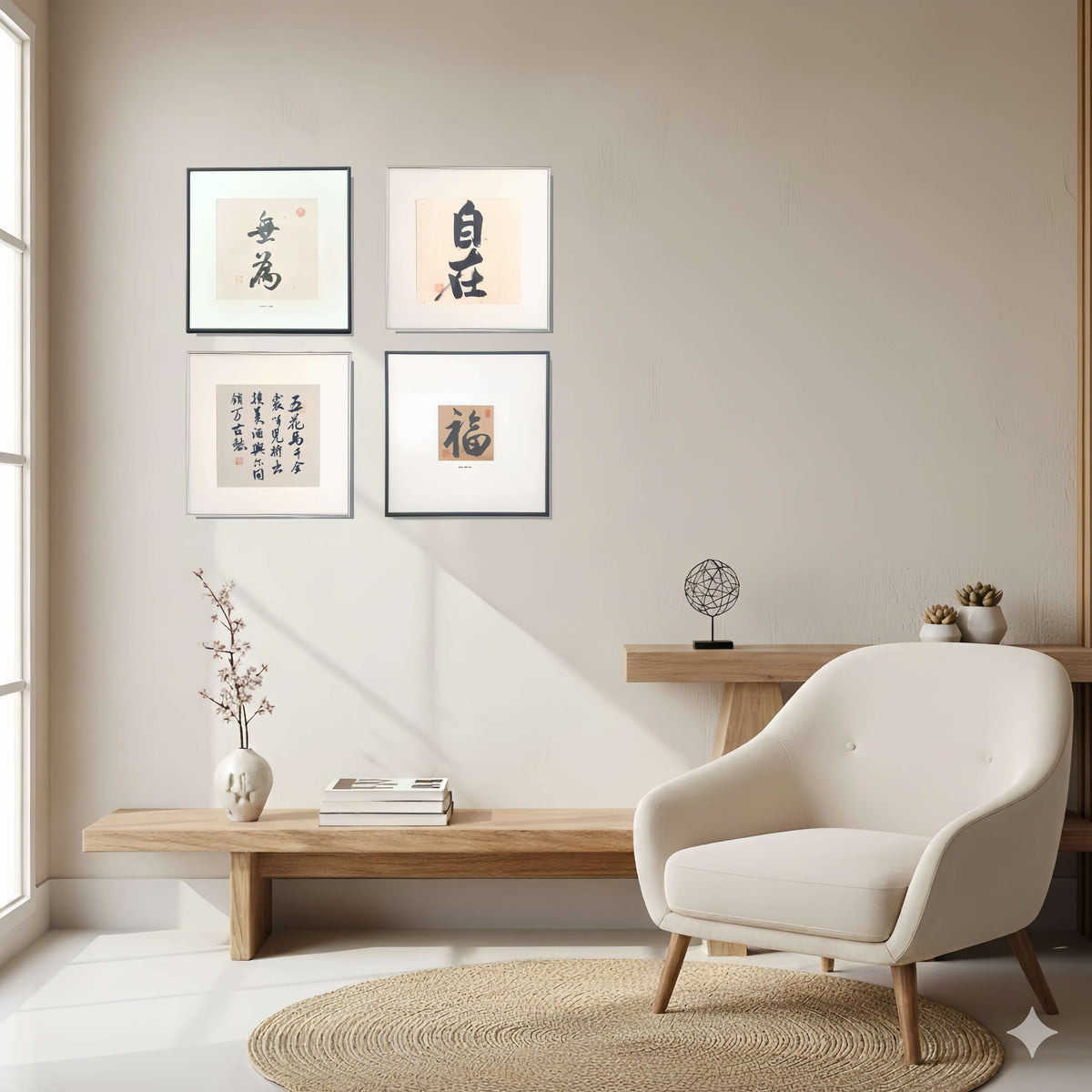 FEIverse 14"x14" Handmade Chinese Calligraphy – Two-Character Art, Slim Aluminum Frame, Wall or Table Display (“Effortless Action”)