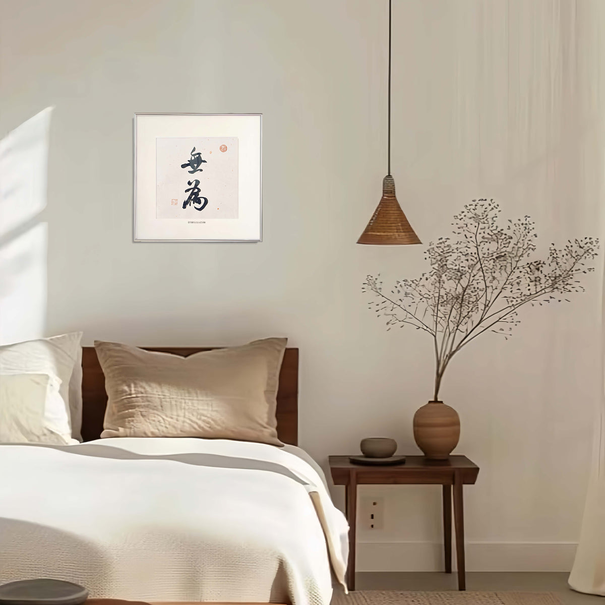 FEIverse 14"x14" Handmade Chinese Calligraphy – Two-Character Art, Slim Aluminum Frame, Wall or Table Display (“Effortless Action”)