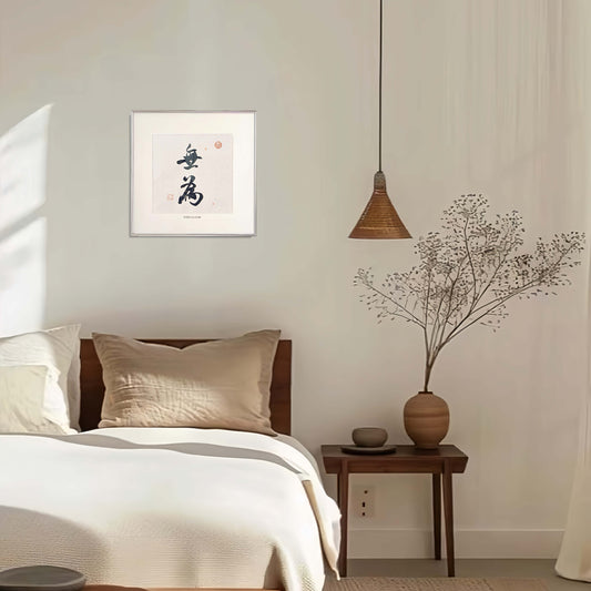 14"x14" Handmade Chinese Calligraphy – Two-Character Art, Slim Aluminum Frame, Wall or Table Display (“Effortless Action”)