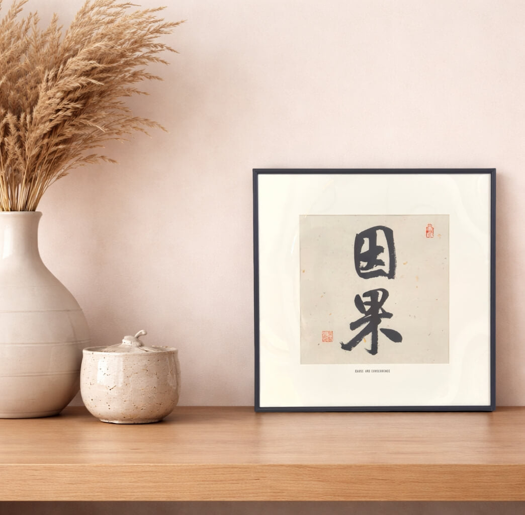 FEIverse 14"x14" Handmade Chinese Calligraphy – Two-Character Art, Slim Aluminum Frame, Wall or Table Display (“Cause and Consequence”)