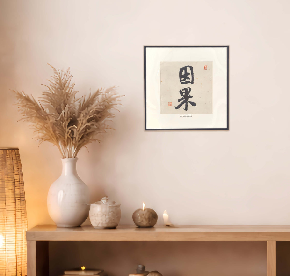 FEIverse 14"x14" Handmade Chinese Calligraphy – Two-Character Art, Slim Aluminum Frame, Wall or Table Display (“Cause and Consequence”)