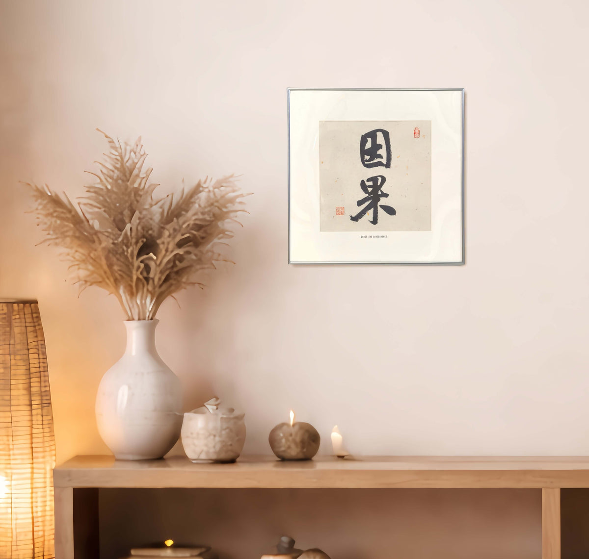 FEIverse 14"x14" Handmade Chinese Calligraphy – Two-Character Art, Slim Aluminum Frame, Wall or Table Display (“Cause and Consequence”)