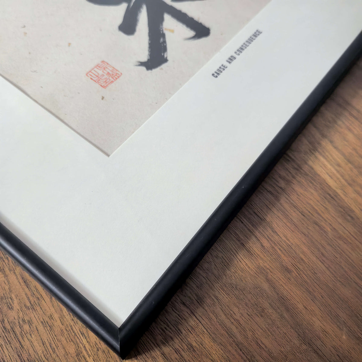 FEIverse 14"x14" Handmade Chinese Calligraphy – Two-Character Art, Slim Aluminum Frame, Wall or Table Display (“Cause and Consequence”)