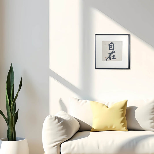 14"x14" Handmade Chinese Calligraphy – Two-Character Art, Slim Aluminum Frame, Wall or Table Display (“At Ease”)